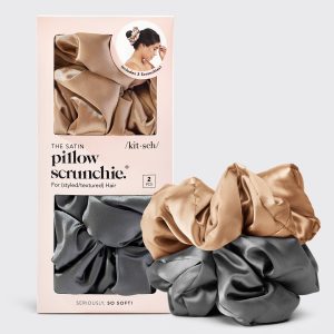 Charcoal & Gold Satin Pillow Scrunchies 2pc Set